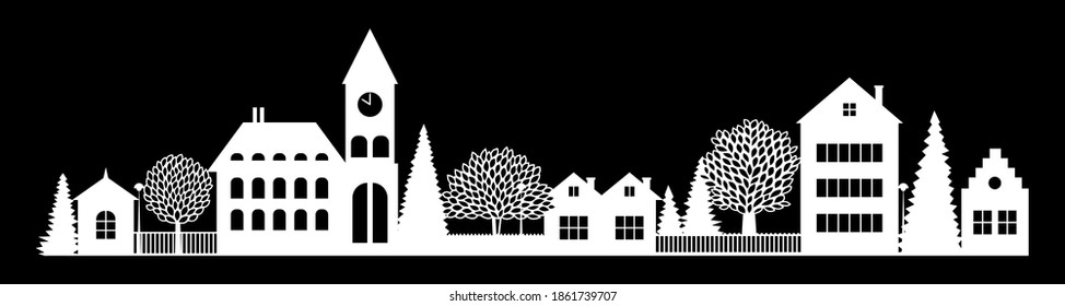 Small Town Or Village Night Silhouette. Neighborhood Skyline With Rural Church, Chapel, House, Home