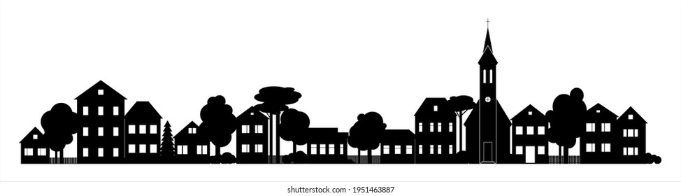 Small Town village row silhouette skyline with church chapel houses black and white neighborhood