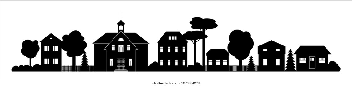 Small Town or village silhouette with chapel houses landscape black and white