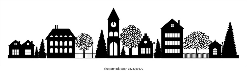 Small Town Or Village Silhouette Neighborhood Skyline With Church Chapel Houses. Rural Night Landscape 