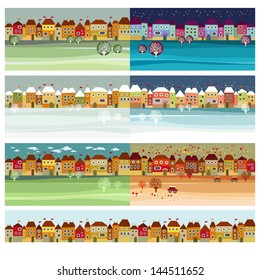 Small Town Vintage Retro Seasons Set. Hand Lettering - Little Town. Vector Illustration.