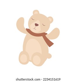 A small toy bear in a red scarf. Decor for Christmas and New Year. Festive vector illustration in flat cartoon style.