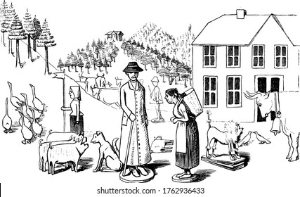 Small toy figurines in a farm setting with animals, people, trees and house, vintage line drawing or engraving illustration.