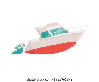 Small toy sea boat floating on waves flat vector illustration isolated on white.