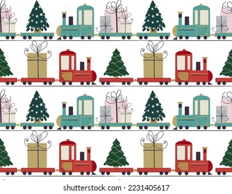 A small toy train is carrying Christmas gifts. Seamless pattern with a festive motive.