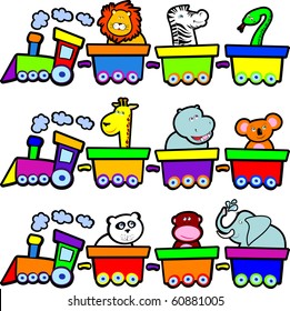 A small train carries lots of animals smiling, vector