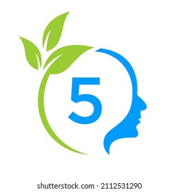Diseño De Logotipo De Un Cerebro De Árbol Pequeño Con 5 Cartas. Plantilla De Signo De Cabeza De Hoja De Salud Salud Y Fitness, Vector De Concepto De Cabeza De Pensamiento De Capa De Eco