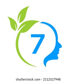 Small Tree Brain On 7 Letter Logo Design. Leaf Head Sign Template Healthcare And Fitness, Eco Leaf Thinking Head Concept Vector