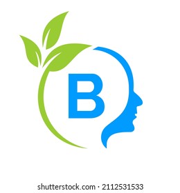 Small Tree Brain On B Letter Logo Design. Leaf Head Sign Template Healthcare And Fitness, Eco Leaf Thinking Head Concept Vector