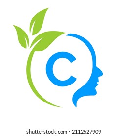 Small Tree Brain On C Letter Logo Design. Leaf Head Sign Template Healthcare And Fitness, Eco Leaf Thinking Head Concept Vector