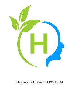 Pequeño Cerebro De Árbol Sobre El Diseño Del Logotipo De Letra H. Plantilla De Signo De Cabeza De Hoja De Salud Salud Y Fitness, Vector De Concepto De Cabeza De Pensamiento De Capa De Eco