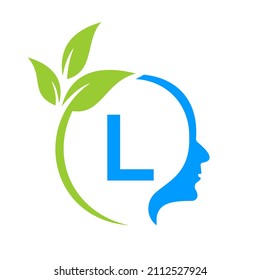 Small Tree Brain On L Letter Logo Design. Leaf Head Sign Template Healthcare And Fitness, Eco Leaf Thinking Head Concept Vector