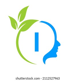 Small Tree Brain On I Letter Logo Design. Leaf Head Sign Template Healthcare And Fitness, Eco Leaf Thinking Head Concept Vector