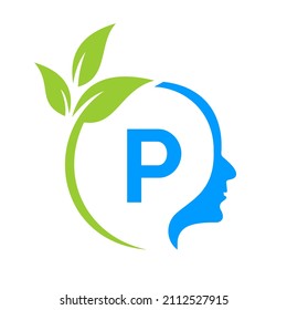 Small Tree Brain On P Letter Logo Design. Leaf Head Sign Template Healthcare And Fitness, Eco Leaf Thinking Head Concept Vector