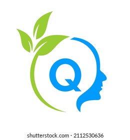 Small Tree Brain On Q Letter Logo Design. Leaf Head Sign Template Healthcare And Fitness, Eco Leaf Thinking Head Concept Vector