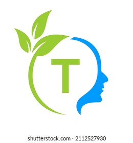 Diseño del logotipo de la letra T del cerebro de árbol pequeño. Plantilla De Signo De Cabeza De Hoja De Salud Salud Y Fitness, Vector De Concepto De Cabeza De Pensamiento De Capa De Eco