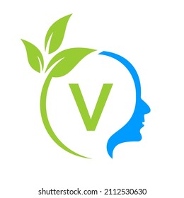 Small Tree Brain On V Letter Logo Design. Leaf Head Sign Template Healthcare And Fitness, Eco Leaf Thinking Head Concept Vector