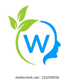 Small Tree Brain On W Letter Logo Design. Leaf Head Sign Template Healthcare And Fitness, Eco Leaf Thinking Head Concept Vector