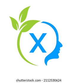 Diseño De Logotipo De Pequeño Cerebro De Árbol En Letra X. Plantilla De Signo De Cabeza De Hoja De Salud Salud Y Fitness, Vector De Concepto De Cabeza De Pensamiento De Capa De Eco