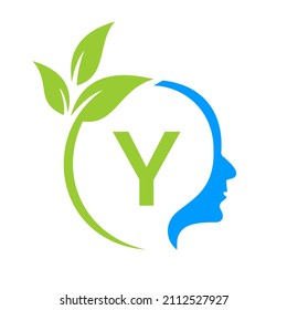 Small Tree Brain On Y Letter Logo Design. Leaf Head Sign Template Healthcare And Fitness, Eco Leaf Thinking Head Concept Vector