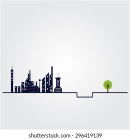 Small tree and the building witch city landscape background. Green concept. Flat design modern vector illustration