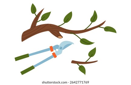 small tree is cut off with a branch cutter. Gardening tools. Color illustration. Garden plot. Suitable for gardening, site maintenance, weed control, agricultural machinery and manual labor