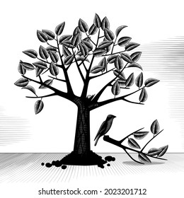 A small tree with foliage and a sawn branch on which a bird sits. Vintage engraving stylized drawing. Vector illustration
