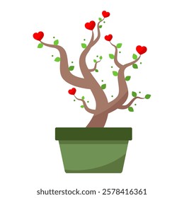 Small tree in a green vase, growing and blooming red hearts like flowers on its branches. Symbol of family, love, romance, thriving, nurturing relationships. Editable EPS vector flat illustration.