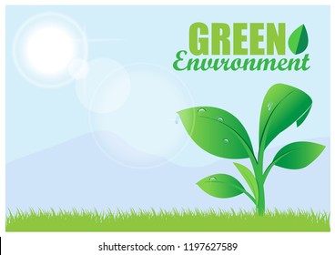 Small tree growing on grassland with sun light and "Green Environment" wording. All in vector design with earth care concept.