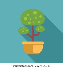 Small tree is growing in a yellow pot, casting a long shadow on a blue background