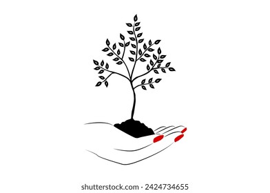 pequeño árbol con hojas sosteniendo en las manos, diseño de concepto de save earth - ilustración vectorial