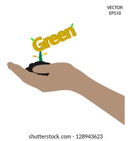 small tree on hand,business tree on hand,industrial symbol,abstract symbol,green environment sign, green industry ,texts box,vector.