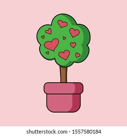 Small tree in a pink flower pot with heart fruits in the tree crown. Love symbol for saint valentines day or card print. Illustration on pink flat background. Valentines day plant for couples