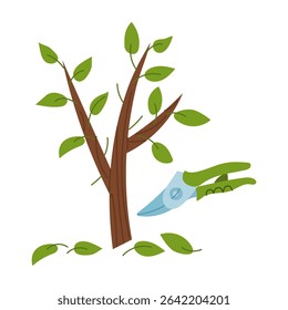 A small tree is sheared with pruning shears. Gardening tools. Flat color illustration. Garden yard. Suitable for gardening, site maintenance, weed control, agricultural machinery and manual labor