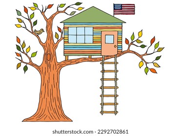 A small treehouse with an American flag and a rope ladder. Hand Drawn. Freehand drawing. Doodle. Sketch. Outline.