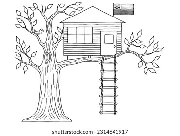 A small treehouse with an American flag and a rope ladder. Hand Drawn. Freehand drawing. Doodle. Sketch. Outline. Coloring page.