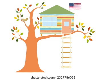 A small treehouse with an American flag and a rope ladder. Hand Drawn. Freehand drawing. Doodle. Sketch. Outline.	