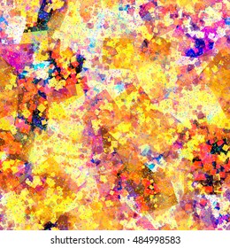 Small triangles. Yellow and purple squares of different sizes mixed at random. Seamless abstract pattern.