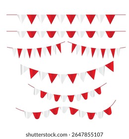 Small triangular flags lined up, white and red pennants hanging on ropes. Festival decoration and independence day celebration