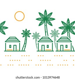 Small tribe, tiny village in a hot southern land. Might be in Africa, Asia or India, vector line illustration
