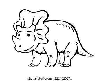 Small triceratops dinosaur. Herbivore cute ceratops. Dino Jurassic. Ancient prehistoric lizard. Character for children. Cartoon vector black and white illustration. Hahd drawn outline style