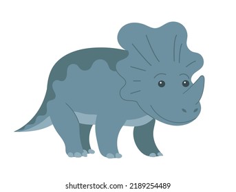 Small triceratops dinosaur with a horn. Herbivore cute ceratops. Dino Jurassic. Ancient prehistoric lizard. Character for children. Cartoon vector illustration isolated on white background