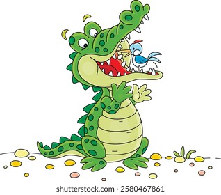 Small tropical bird plover cleaning teeth of a funny big green crocodile with toothache and talking friendly, vector cartoon illustration on a white background