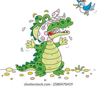 Small tropical bird plover hurrying to clean teeth of a funny big green crocodile with strong toothache, vector cartoon illustration on a white background