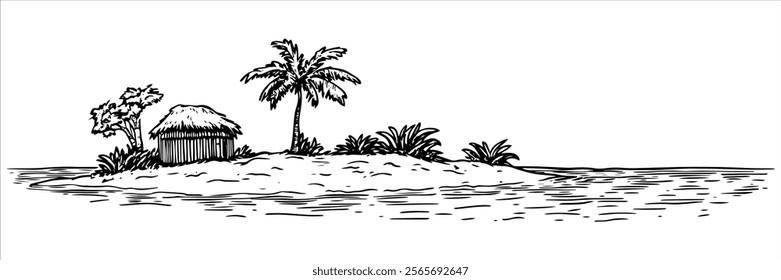 small tropical island with hut, palm tree, and water, black vector illustration