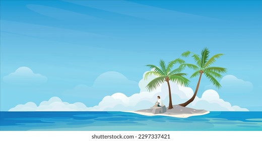 Small tropical island and palm trees with a shipwrecked man flat design. Travel concept vector illustration background with blank space.