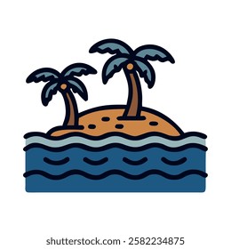 Small tropical island with palm trees and ocean waves isolated vector illustration