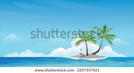 Small tropical island and palm trees with a shipwrecked man flat design. Travel concept vector illustration background with blank space.