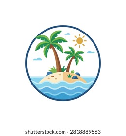 A small tropical island with two palm trees, lush green bushes, and sandy shores, surrounded by blue ocean waves under a sunny sky.