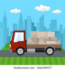 Small Truck with Boxes on the Background of the City, Transport Services and Logistics, Shipping and Freight of Goods, Vector Illustration